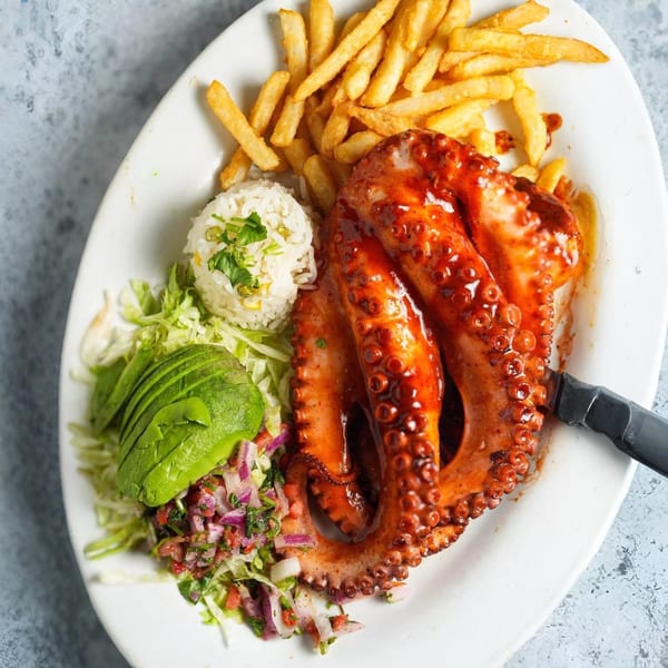 El Mezcal's grilled octopus with rice, fries, avocado, and pico de gallo on a white plate.